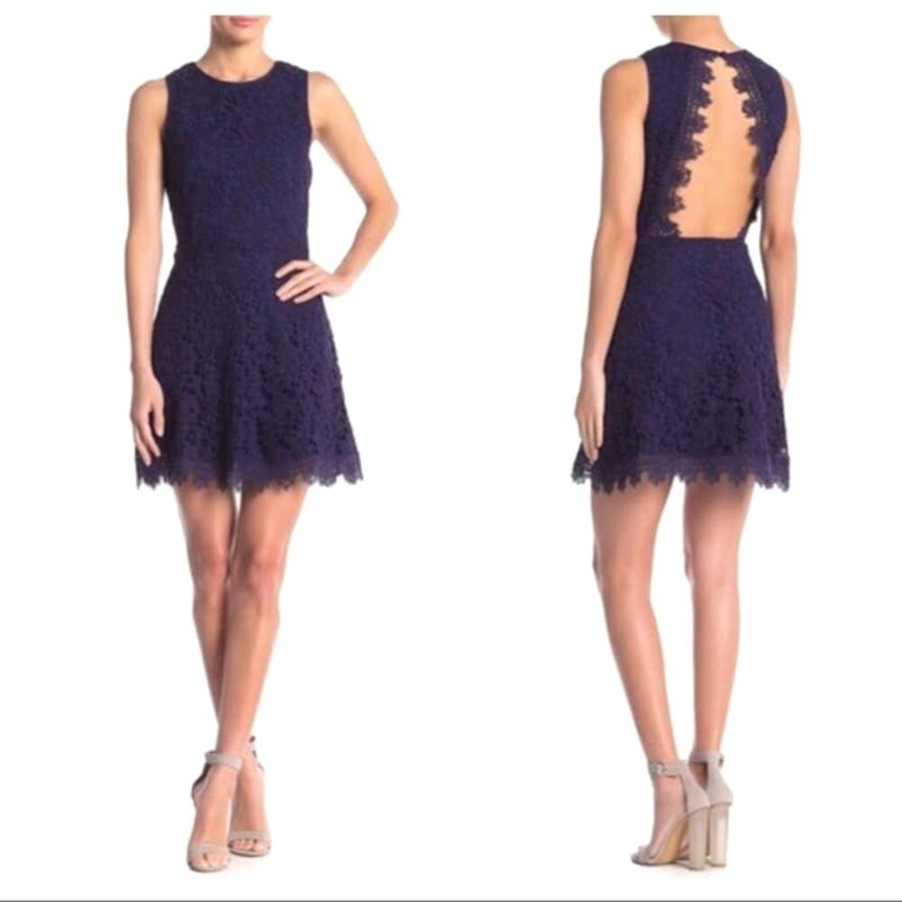 J.O.A. Navy Floral Lace Fit & Flare Cut Out Back Mini Cocktail Dress S